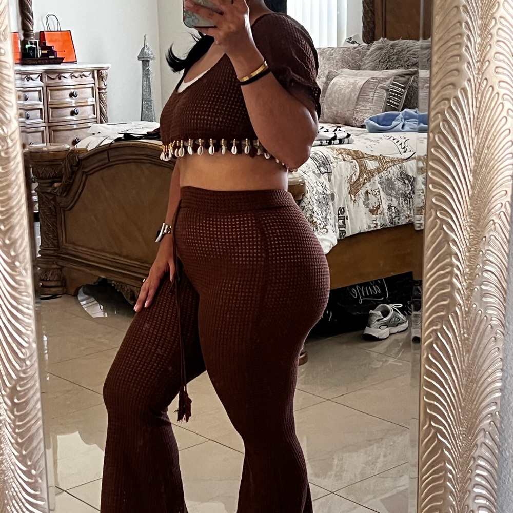 Brown beaded waffle Knit 3 piece Women's Pants Set